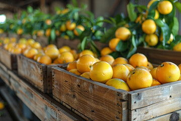 The harvested lemon crop is meticulously packed in wooden boxes on the sorting line, showcasing the efficient process of preparing fresh lemons for market distribution