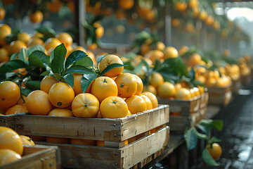 The harvested orange crop is neatly packed in wooden boxes on the sorting line, highlighting the organized process of preparing fresh citrus fruits for market distribution