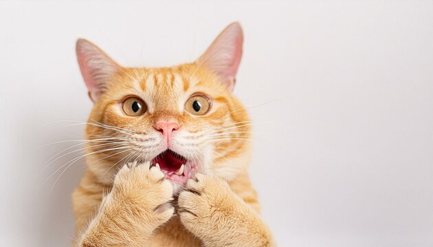 A yellow tabby cat looking scared with its paws on its face. White background. 
