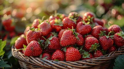 A close-up of freshly picked strawberries in a basket.