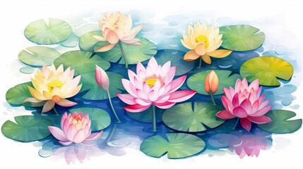lotus pond flat design top view peaceful theme water color vivid