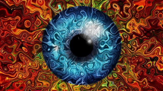 Close-up of a blue human iris with psychedelic multicolored patterns