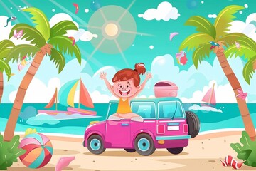Vector of Happy child girl goes to summer travel trip with the car.