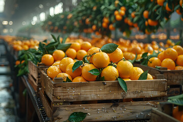 The harvested orange crop is neatly packed in wooden boxes on the sorting line, highlighting the organized process of preparing fresh citrus fruits for market distribution