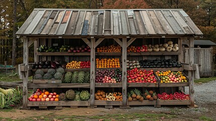 A rustic farm stand displaying a variety of fresh produce.