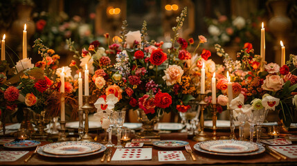 A whimsical Alice-in-Wonderland-themed candlelight dinner, with oversized playing cards and floral...
