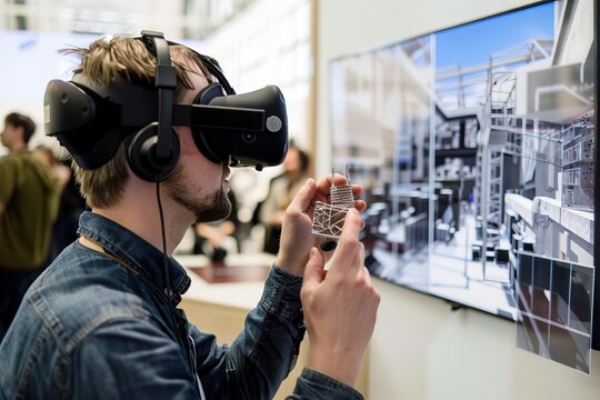 Man in a virtual reality headset interacting with a 3D model