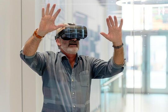 Man in a virtual reality headset interacting with a 3D model