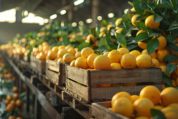 The harvested orange crop is neatly packed in wooden boxes on the sorting line, highlighting the organized process of preparing fresh citrus fruits for market distribution
