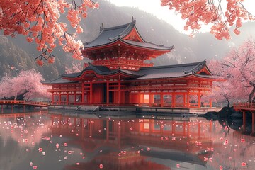 Japanese temple with cherry trees, gently falling flower petals