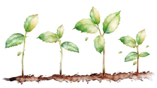 Watercolor painting of young sapling with fresh leaves, isolated on white, representing new growth and environmental conservation.
