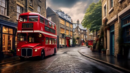 Fototapeta premium A red doubledecker bus drives through the narrow streets of Lond