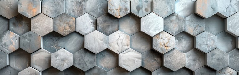 Modern Hexagonal Tile Mirror in Gray, White, and Cement - Geometric Seamless Texture Background for Banner or Panorama
