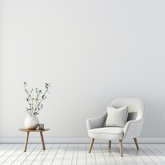 Modern minimalist interior with an armchair on empty white color wall background  