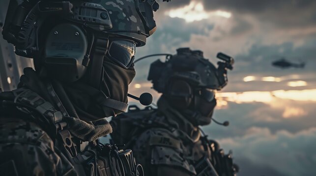 A SEAL team conducting a high-altitude, low-opening HALO jump, close up, precision theme, vibrant, Double exposure, a twilight sky as backdrop