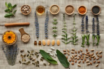 Natural supplements and their ingredients on a table