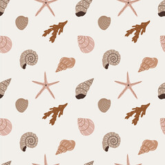 Seamless vector pattern with a variety of seashells.