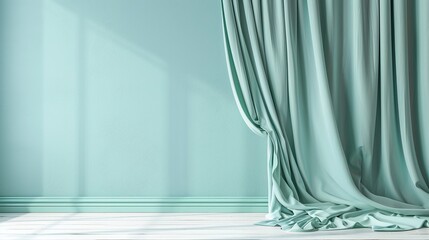 Pastel turquoise blue green empty wall in room with coloured silk curtain drapes. Mock up Template for product presentation. Living, gallery, studio, office concept   - Powered by Adobe