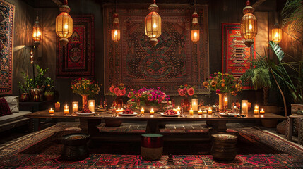 A bohemian-chic candlelight dinner, with colorful tapestries and Moroccan tiles