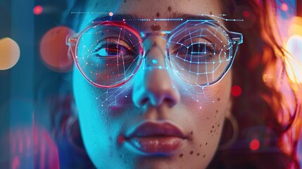 a young woman wearing glasses with a futuristic augmented reality display.