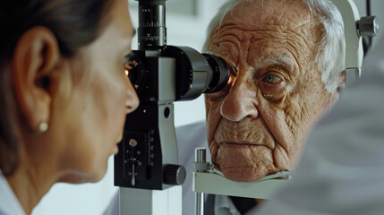 An ophthalmologist checks an older patient's eyesight on a device in the office of the polyclinic.