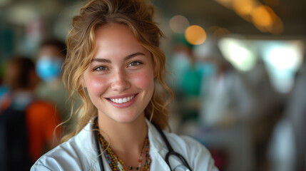Smiling Young Female Doctor with Stethoscope in Busy Hospital Corridor