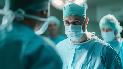 Focused Surgeon in Scrubs Preparing for Surgery with Team in Operating Room