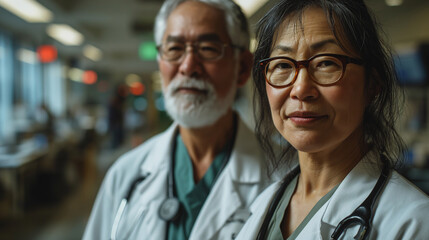 Senior female doctor with glasses and male doctor in background. Professional healthcare workers portrait with blurred hospital interior.