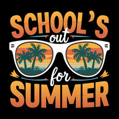 A pair of white sunglasses with palm trees reflected in the lenses dominates the center of the design, with the phrase  SCHOOL'S out for SUMMER
