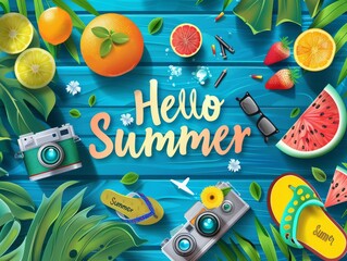 Summer banner with blue background and summer elements with the text (Hello summer).
