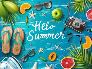 Summer banner with blue background and summer elements with the text (Hello summer).