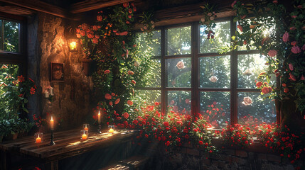 A cozy nook in a rustic farmhouse, with a table set for a candlelit dinner and fresh flowers.