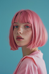 
Beautiful young woman with pink  hair, bob cut, bangs, wearing mint colors, in the style of fashion photography, magazine cover.