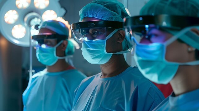 Surgeons in a high-tech operating room using advanced AI and virtual reality interfaces for a precision-led surgery, with digital data overlays and monitoring screens.