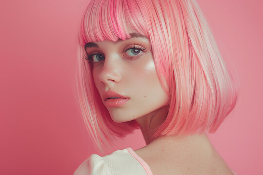 
Beautiful young woman with pink  hair, bob cut, bangs, wearing mint colors, in the style of fashion photography, magazine cover.