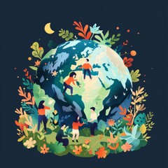 Cartoon people tending to a lush planet, vibrant and colorful, flat design, digital painting, environmental responsibility. --style raw Job ID: f705f431-a0dc-4fc4-8bc4-20e5f382872b