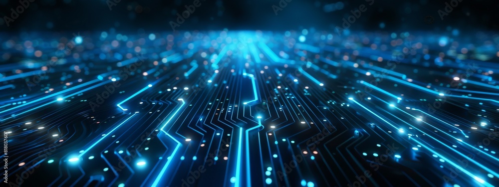Poster futuristic digital electric tech circuit board pattern background an abstract blue cyber neural purp