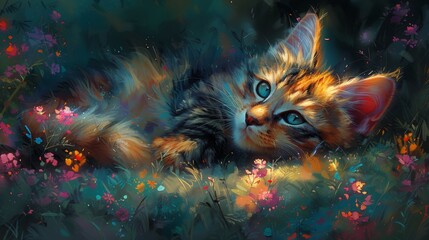 A beautiful cat lying in wait to catch a small bird in the bushes. colorful, rough painting in oil painting style