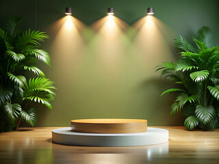 Small podium or pedestal, or cosmetic stage for product presentation, studio lighting, green indoor flowers.
