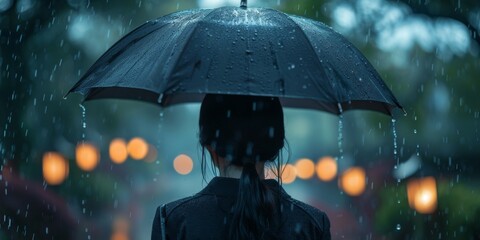 A woman at a funeral ceremony in the rain. Mourning for a loved one