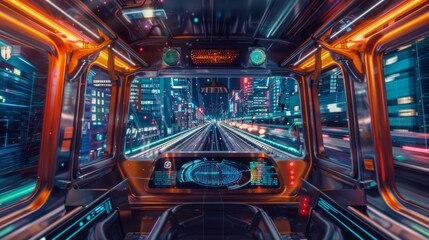 Obraz premium Generate an image of a smart train equipped with IoT devices and sensors, showcasing real-time monitoring on a sleek dashboard inside the train cockpit, with a vibrant urban backdrop