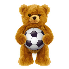 Brown standing bear toy holding soccer ball. Realistic vector illustration isolated on white background. Cute football player teddy character. Fashion print, greeting card or poster design element