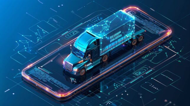 Illustrate a digital freight marketplace connecting shippers with carriers, showcasing a sleek mobile app interface with real-time load management data