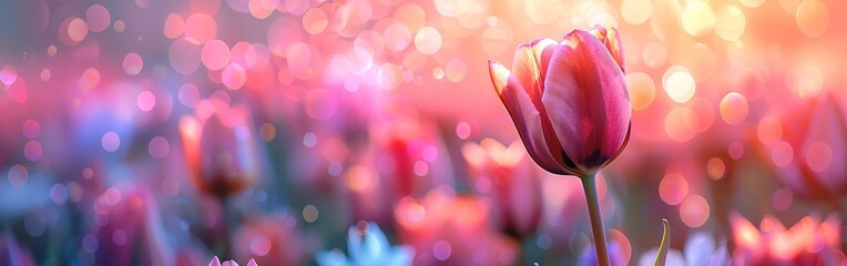 Blooming Tulip Flower Closeup on Pastel Bokeh Background in Spring