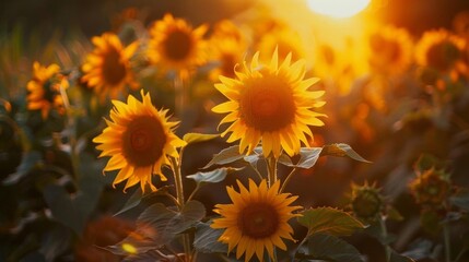 Sunflowers glowing at dusk with golden sunlight