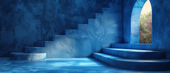 Blue Steps blue color Background, cement stairs blue color door to the outside, fantasy concept cover banner background copy space, abstract blue