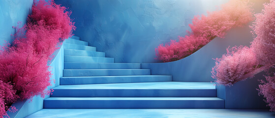 Blue Steps blue color Background, cement stairs blue color with flower, fantasy concept cover banner background copy space, abstract blue ratio 21:9