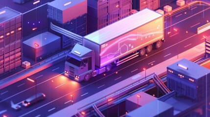 Illustrate an IoT device tracking cargo in real-time, displaying location, temperature, and humidity on a sleek digital interface, set in a futuristic logistics hub