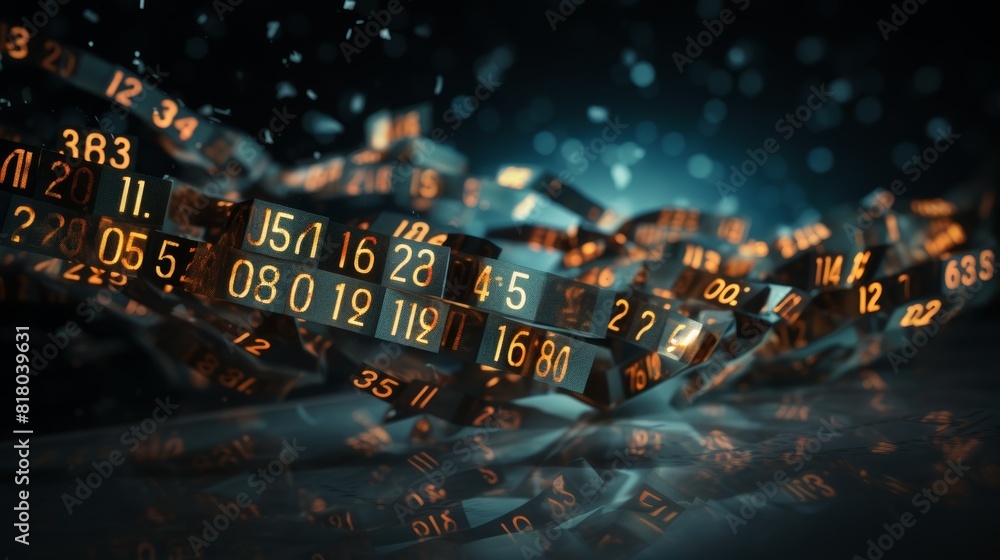 Poster a close-up photo of a stock market ticker tape with rapidly rising and falling numbers, representing
