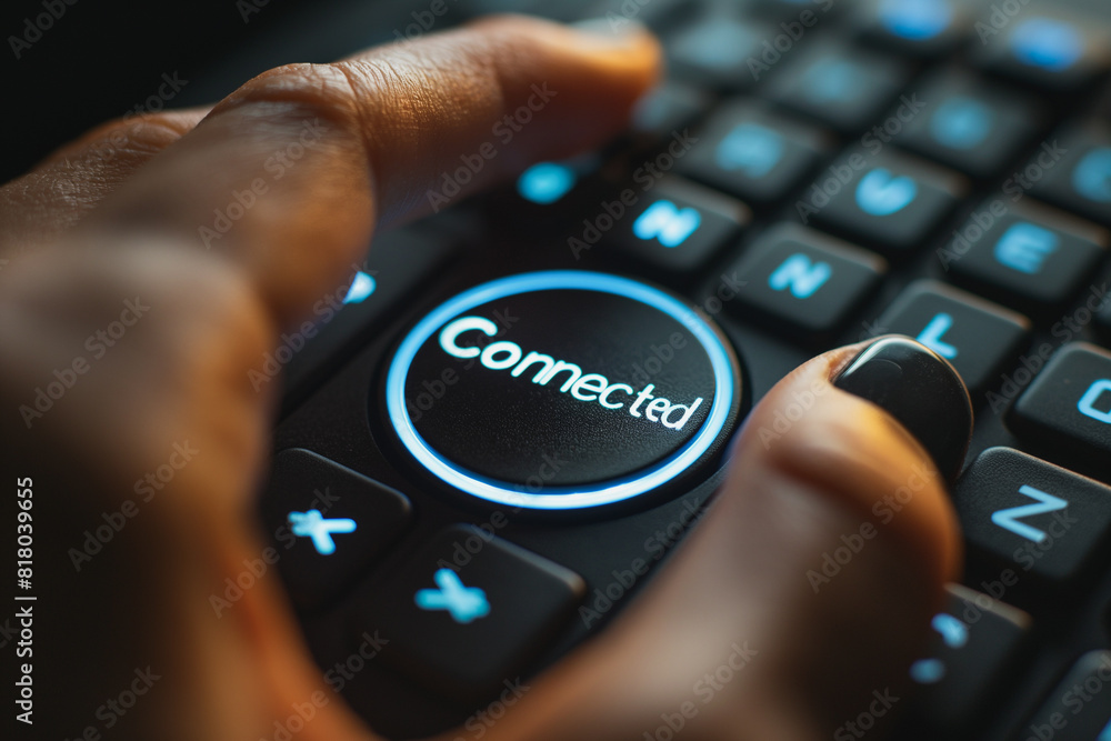 Poster a person is typing on a keyboard with the word connected on it